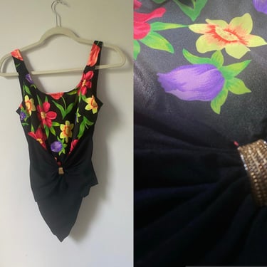 80s Floral Cinched Waist One Piece Swimsuit 