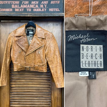 Vintage 1980’s “North Beach Michael Hoban” Brand Snakeskin Motorcycle Cropped Leather Jacket, 80’s Runway, Vintage Clothing 
