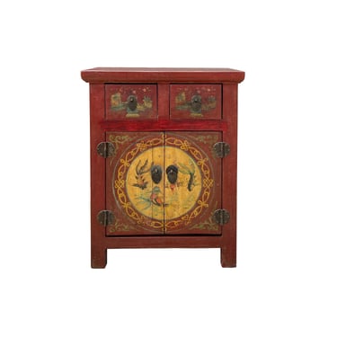 Chinese Rustic Brick Red Fishes Graphic End Table Nightstand cs7626E 