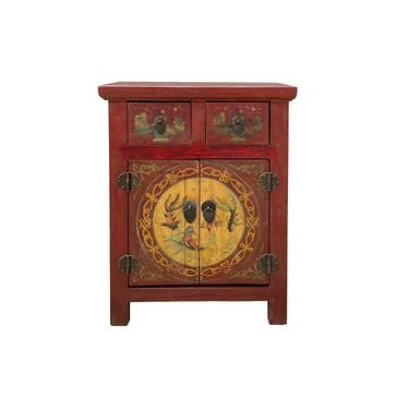 Chinese Vintage Brick Red Flower Graphic End Table Nightstand cs7070S Chinese Vintage Brick Red Flower Graphic End Table Nightstand cs7070S