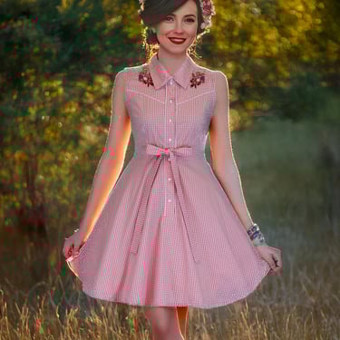 Pink Gingham Vintage Sleeveless Dress | Rockabilly Pin-Up Dress XS–3XL, Retro 50s Style, Summer Party Dress 