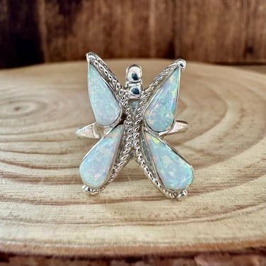 FLYING BUTTERFLY Opal and Silver Ring | White Iridescent Stone | Most Likely Navajo, Native American Southwestern Jewelry | Size 7 1/2 