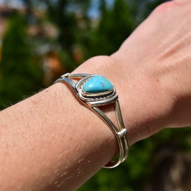 Vintage Native American Turquoise & Silver Cuff Bracelet, Turquoise Cuff With Engraved Silver Details, Adjustable Cuff, Old Pawn Jewelry 