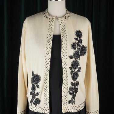 Incredible vintage 50s/60s Cream-Colored Lambswool and Angora Cardigan Embellished with Metallic Black Beads and Pearl Buttons 