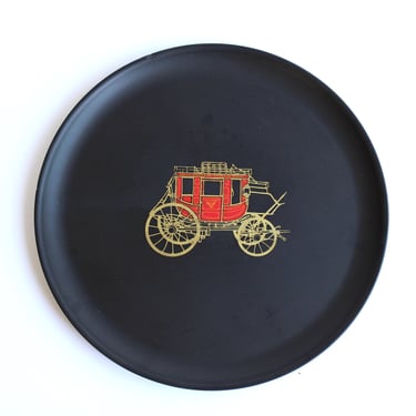Couroc of Monterey Satin Black Serving Tray with Brass Stagecoach Inlay- Vintage Round Hostess Tray 