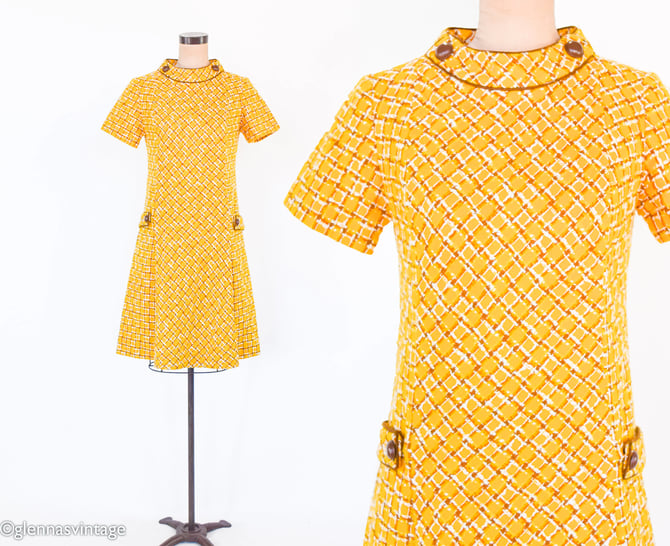1960s Yellow Wool Plaid Dress | 60s Gold Plaid Shift Dress | Twiggy Style | Medium 