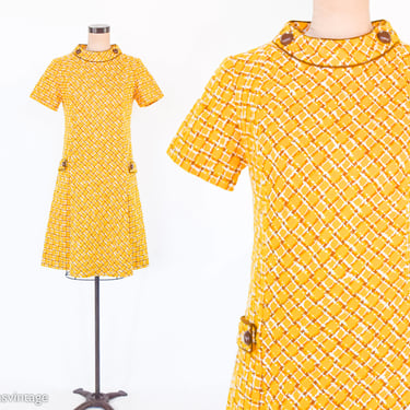1960s Yellow Wool Plaid Dress | 60s Gold Plaid Shift Dress | Twiggy Style | Medium 