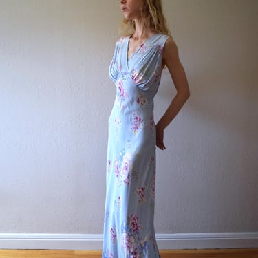 1940s floral print gown . vintage bias cut slip dress . size medium to large 