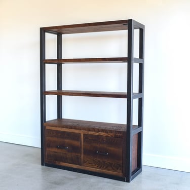 Industrial Bookcase With Drawers / Steel Frame + Reclaimed Wood Shelving Unit 