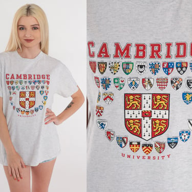 Cambridge T-Shirt Y2K University Shirt England College TShirt School Crests Graphic Tee Heather Grey English Coat of Arms Vintage 00s Medium 