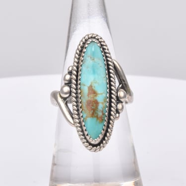 Sterling Silver Turquoise Marquise Ring, Bypass Design, Natural Blue Turquoise, Size 5 1/2 US 