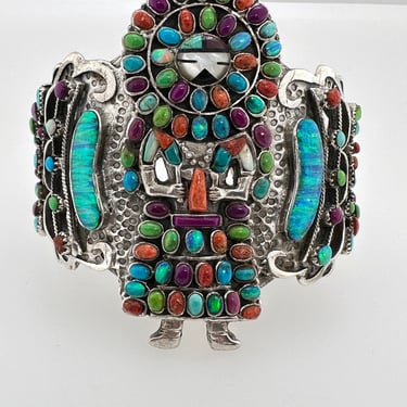 Artisan Huge Kachina Silver Cuff Bracelet Turquoise Coral Opal Spiny Petit Point 
