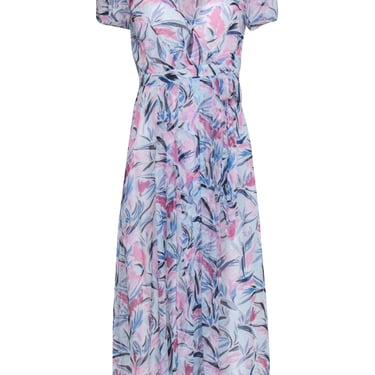 Club Monaco - Blue, White, & Pink Print Short Sleeve Wrap Maxi Dress Sz 0