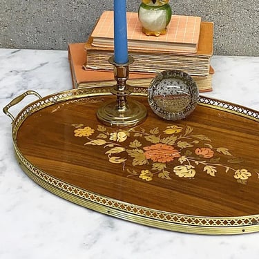 Vintage Italian Serving Tray Retro 1970s Bohemian + Inlaid Wood + Marquetry + Floral Design + Gold Metal + Oval + Home Decor and Display 