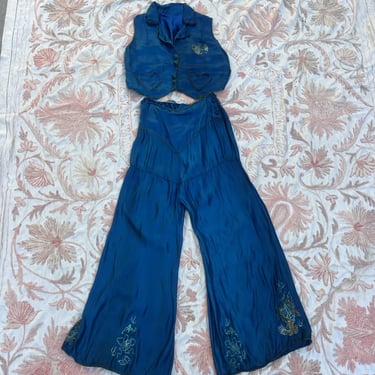 Vintage 1930s Blue Satin Beach Pajamas Palazzo Pants Heart Pockets 1920s Dragons