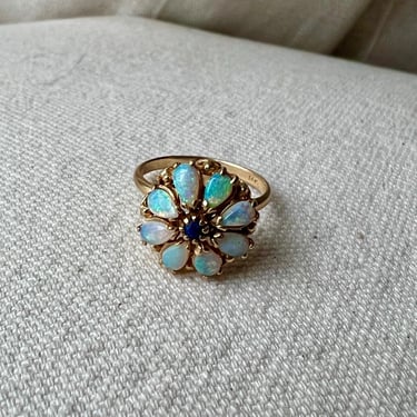 Vintage 14K Opal and Sapphire Cluster Flower Ring 