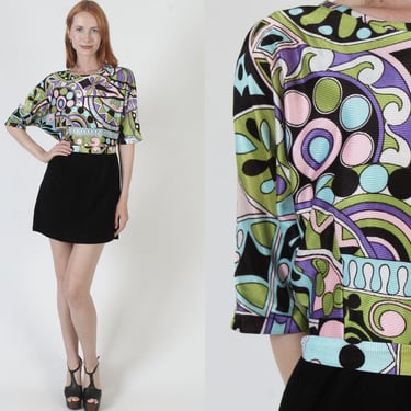 Colorful 60s Op Art Scooter Dress, Silky Mod Frock With Matching Belt, Vintage Mod Scooter Batwing Micro Mini 