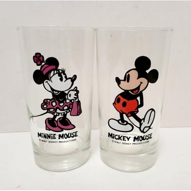 1970s Vintage Mickey & Minnie Mouse Glasses, Glass Juice Cups, Walt Disney Cartoon Characters Tumblers, Kitchen Kitsch 