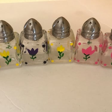 Vintage hand painted (7)  piece Salt and Pepper set- Multi colored Tulip Flowers, Glass with Silver caps 