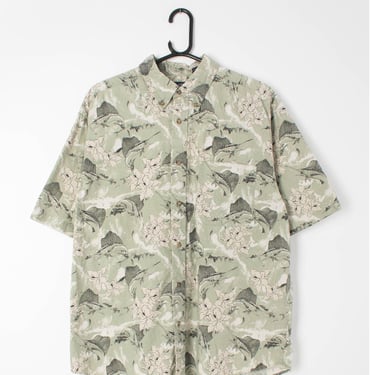 Hawaiian vintage mens shirt in pastel sage green with jumping sailfish and floral pattern 100% cotton - Large 