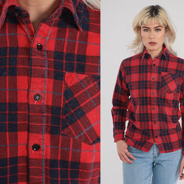 Red Plaid Shirt 90s Flannel Button up Shirt Retro Grunge Lumberjack Long Sleeve Boyfriend Checkered Print Top Vintage 1990s Small S 