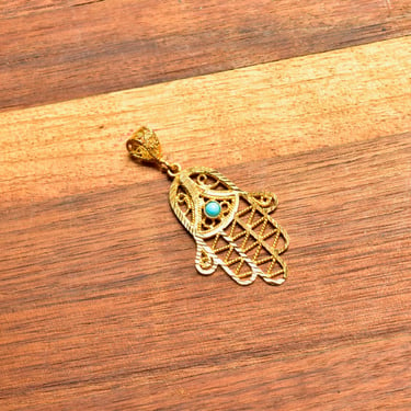 Vintage 22KT Gold Turquoise Hamsa Hand Pendant, Small Turquoise Cabochon, Evil Eye Talisman, Yellow Gold Filigree Pendant, 1 7/8