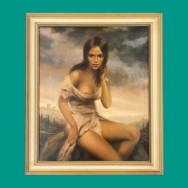 Vintage Semi-Nude Womans Portrait 1970s Retro Size 26x22 Mid Century Modern + Broken Silence + Joseph Wallace King Vinciata + Pinup + Decor 