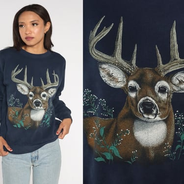 90s Deer Sweatshirt Navy Blue Buck Animal Sweatshirt Nature Shirt Pullover Wildlife Shirt 1990s Vintage Slouchy Medium 
