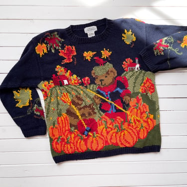 cottagecore sweater 80s 90s vintage The Eagle's Eye teddy bear pumpkin farm hand knit sweater 