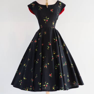 Gorgeous 1950's Cover Girl Miami Cotton Party Dress With Floral Print and Red Trim / SM