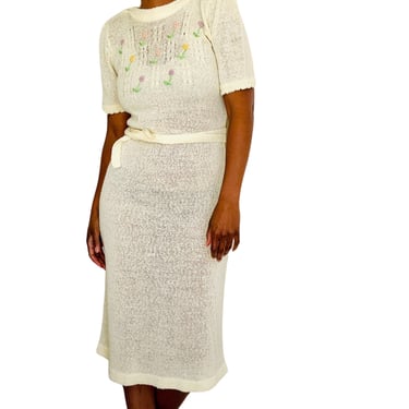 1980's Joni Blair Ivory Bouclé Knit Dress w/Embroidered Pastel Flowers
