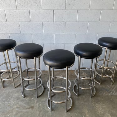 Art Deco Chrome and Leather Bar Stools, Set of 5 