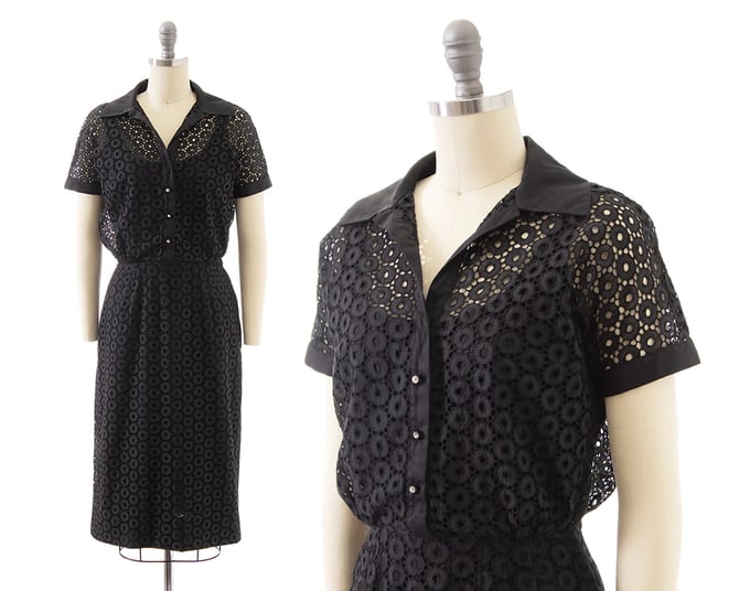 Vintage 1950s Shirt Dress | 50s PAT HARTLEY Black Eyelet Lace Cotton Rhinestone Buttons Wiggle Sheath Day Dress (small) 
