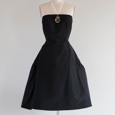 Elegant 1950's Balenciaga Inspired Black Silk Couture Evening Dress From Casa Milanese / S