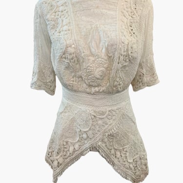 Incredible Edwardian White Blouse with Intricate Hand Done Embroidery and Lace