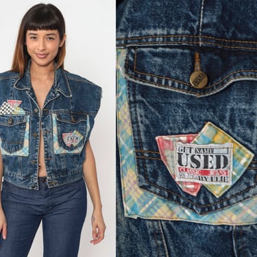 90s Denim Vest Plaid Patchwork Cutoff Jean Jacket 80s Cropped Utility Blue Sleeveless Jean Jacket Biker Vest 1990s Vintage Button Up Medium 