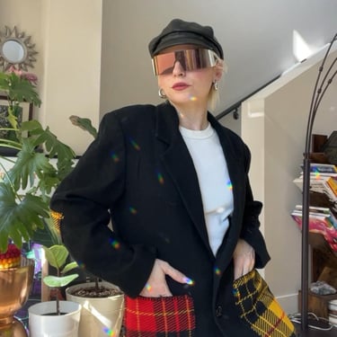 VTG 90s Black Wool Plaid Patchwork Blazer 