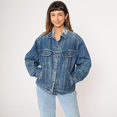 Vintage Distressed Jean Jacket 90s Lee Denim Faded Blue Trucker Jacket Ripped Frayed Biker 1990s Grunge Coat Button Up Medium Large 