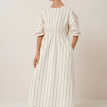 Ellora dress, greige pinstripe