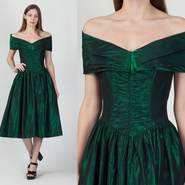 80s Emerald Green Taffeta Off-Shoulder Party Dress - Extra Small | Vintage Shiny Fit & Flare Retro Prom Gown Midi Dress 