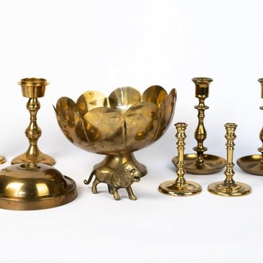Brass Lot with Candleholders, Bowl, Lion