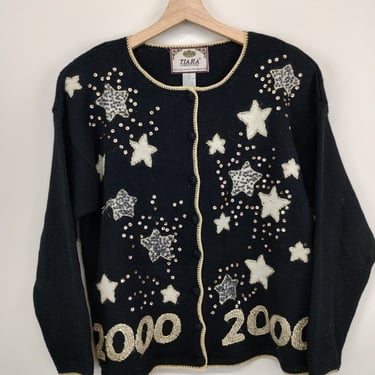 M 90s Tiara Millenium 2000 Black Cotton Knit Cardigan Sweater Medium 2000s 1990s Fall Outdoors New Years 