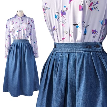Vintage Pleated Denim Skirt, Extra Small, 1980s Calvin Klein Blue Jean Skirt, Flared Midi Skirt with Pockets 
