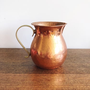 Vintage Indian Hammered Copper Pitcher with Brass Handle 