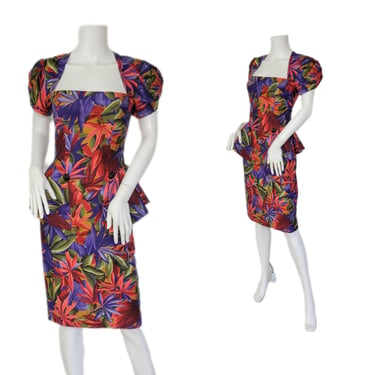 1980's Tropical Floral Print Orange Purple Tight Cotton Wiggle Dress I Sz Sm I Michelle Stuart for Collections 
