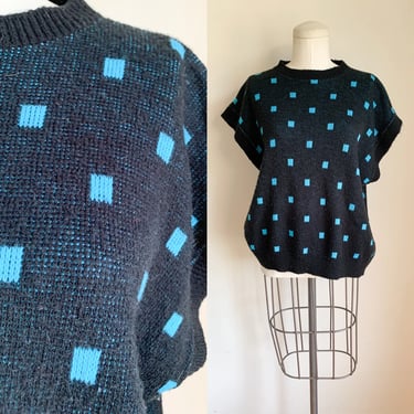 Vintage 1980s Turquoise Square Black Sweater Vest / L 