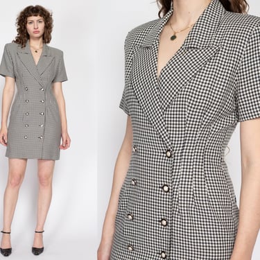 Medium 80s Black & White Gingham Mini Suit Dress | Vintage Collared Double Breasted Short Sleeve Plaid Dress 