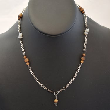 70's tigers eye quartz sterling hippie Y, 925 silver beads and nuggets on rolo chain boho necklace 
