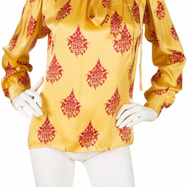 Yves Saint Laurent 1970s Vintage Yellow & Red Silk Tie-Neck Long Sleeve Blouse Sz M 