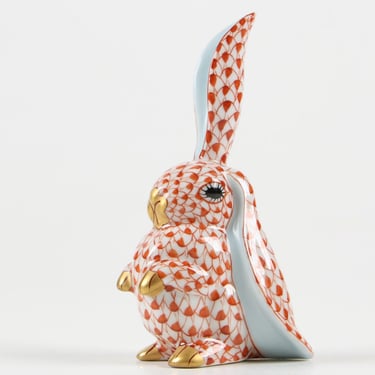 Herend Bunny Figurine Hungarian Porcelain Rabbit w/ Ear Up • Rust Fishnet Easter Bunny Rabbit 